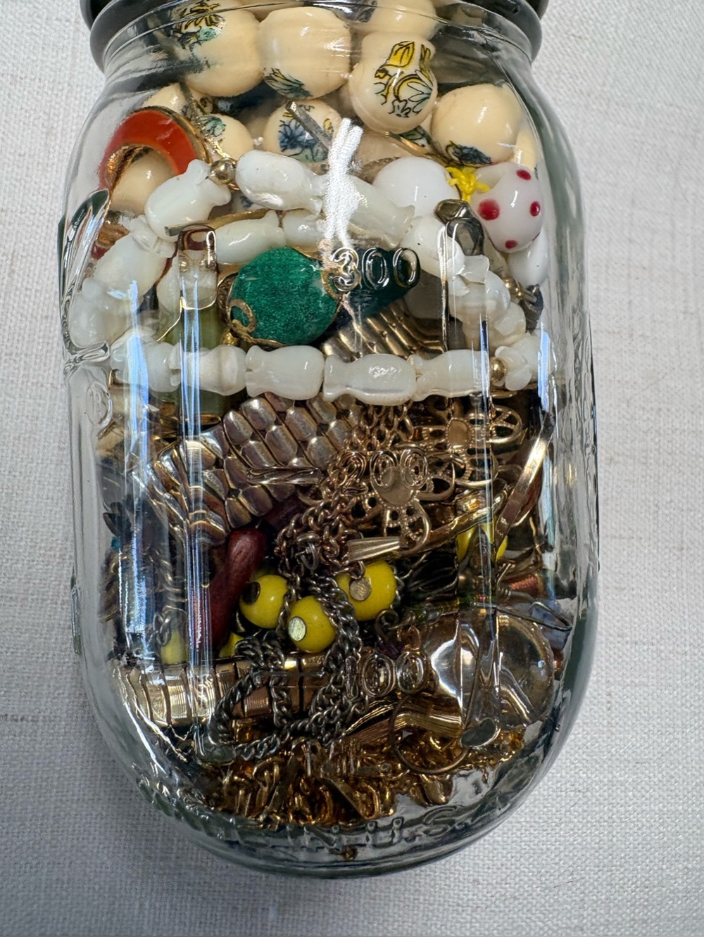 Mystery jar of Costume Jewelry - Gold tone mostly Mid-Century to 1980s